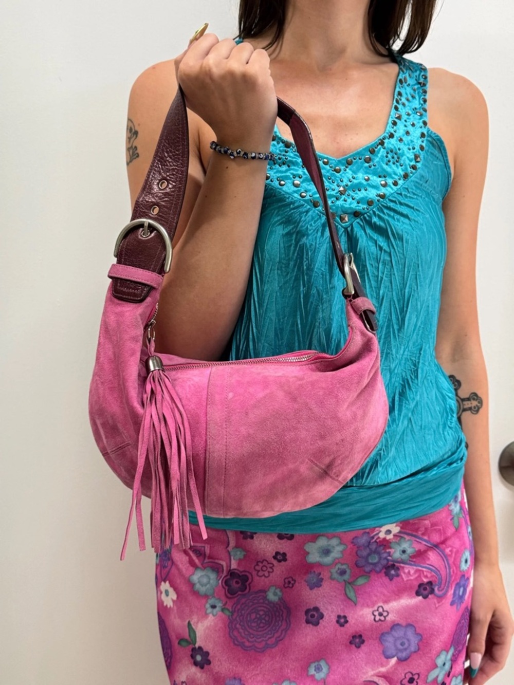 Coach Pink Suede Hobo Shoulder Bag with Tassel vintage
